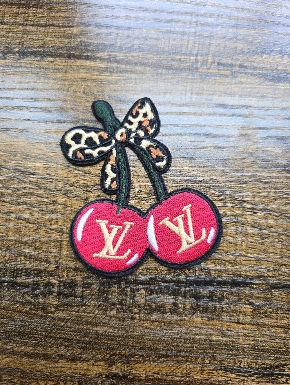 Red Cherry LV Embroidered Iron-On Patch - Designer-Inspired Accessory